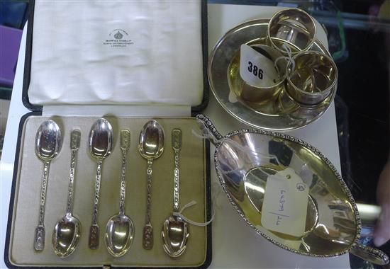 George V silver navette-shaped 2-handled small pedestal bowl, set 6 silver teaspoons, cased, 3 silver napkin rings & a pin dish